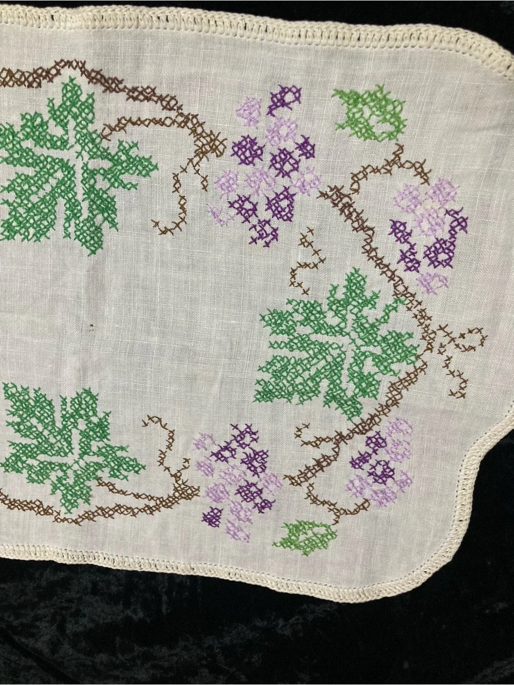 Embroidered Linen Runner with Green and Purple Motif 38x13”
